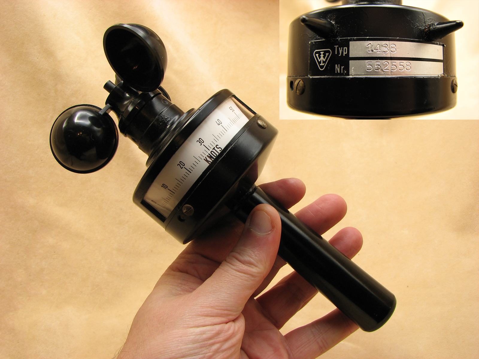 Wilhelm Lambrecht 3 cup hand held anemometer in fitted case